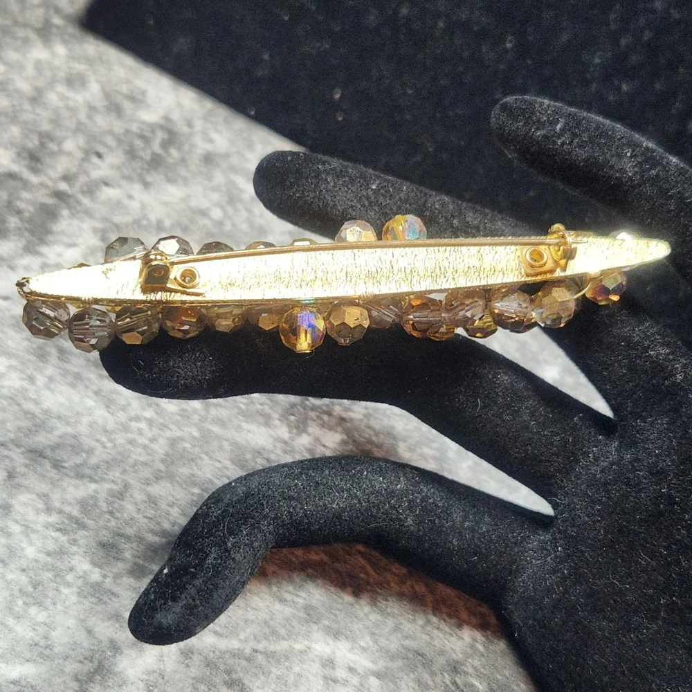 Vintage Amber AB Crystal Bead Bar Brooch Gold Tone Iridescent Cluster Pin